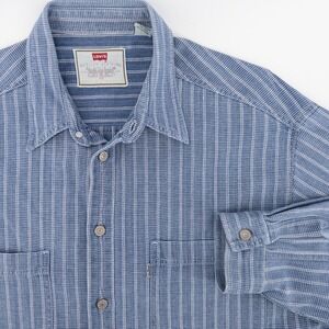 VTG Levi's Mens M Striped Denim Button Down Shirt Blue White Silver Tab Railroad